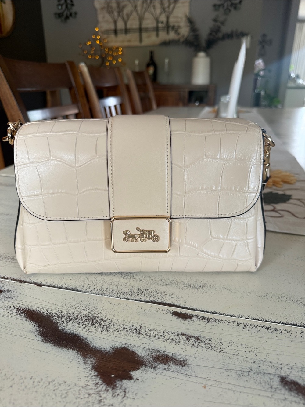 Coach Cream Croc-Embossed Shoulder Bag with Gold Hardware